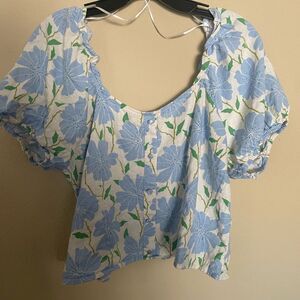 Who What Wear smocked back button front linen floral blouse